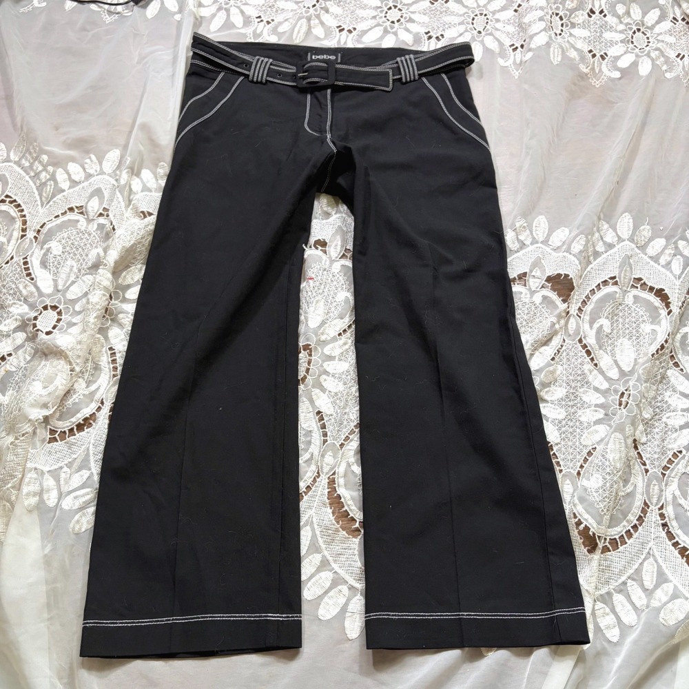 Y2K Rare Bebe Black White Contrast Stitch Belted Capri Trousers Pants Size 4